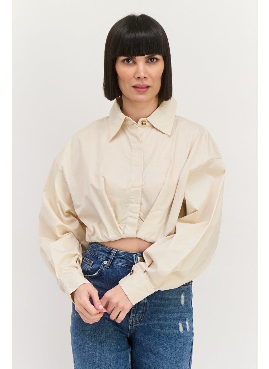 Women Spread Collar Long Sleeves Plain Cropped Top, Beige