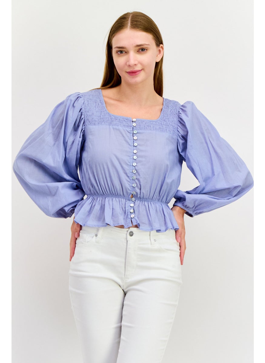 Women Square Neck Puff Sleeve Shirred Blouse, Blue