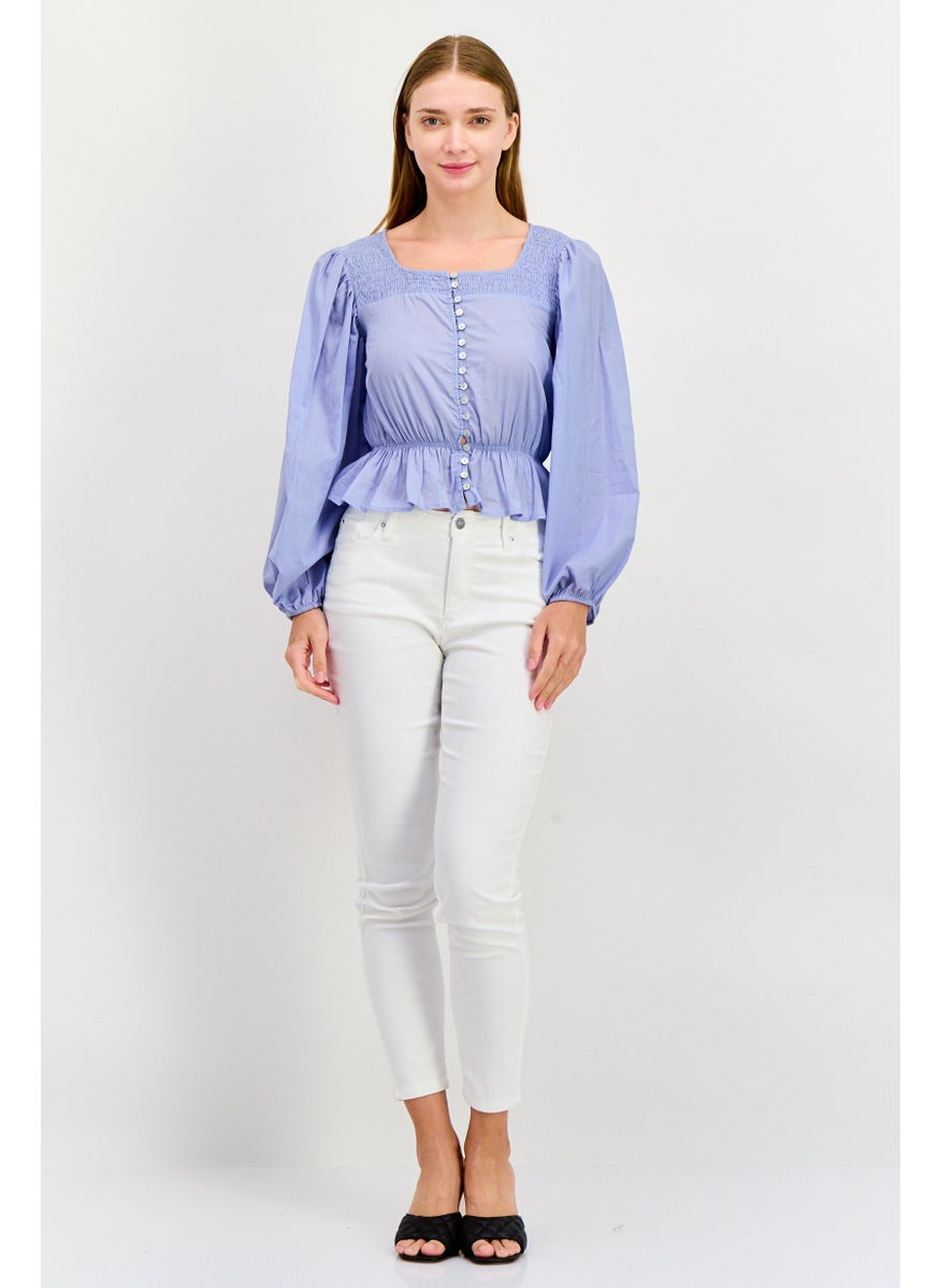 Women Square Neck Puff Sleeve Shirred Blouse, Blue