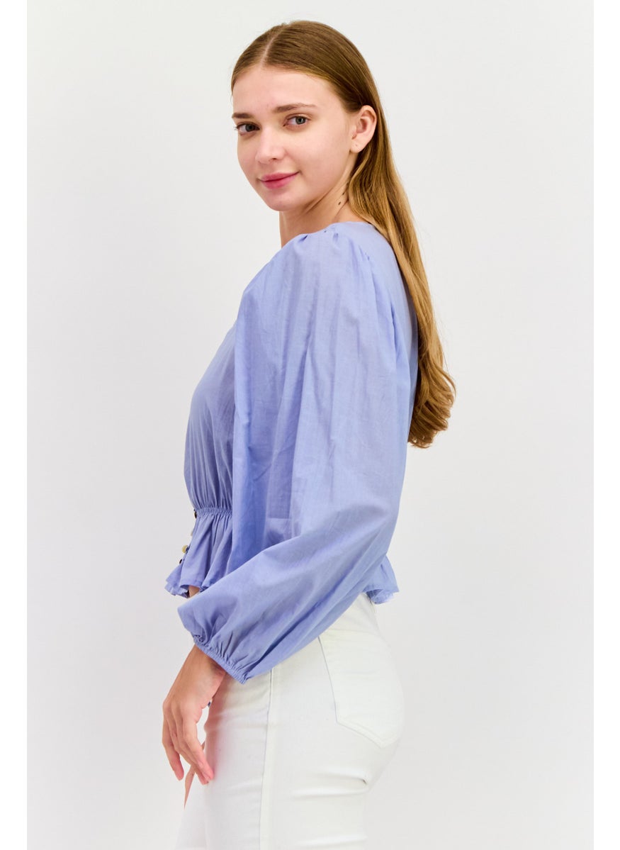 Women Square Neck Puff Sleeve Shirred Blouse, Blue