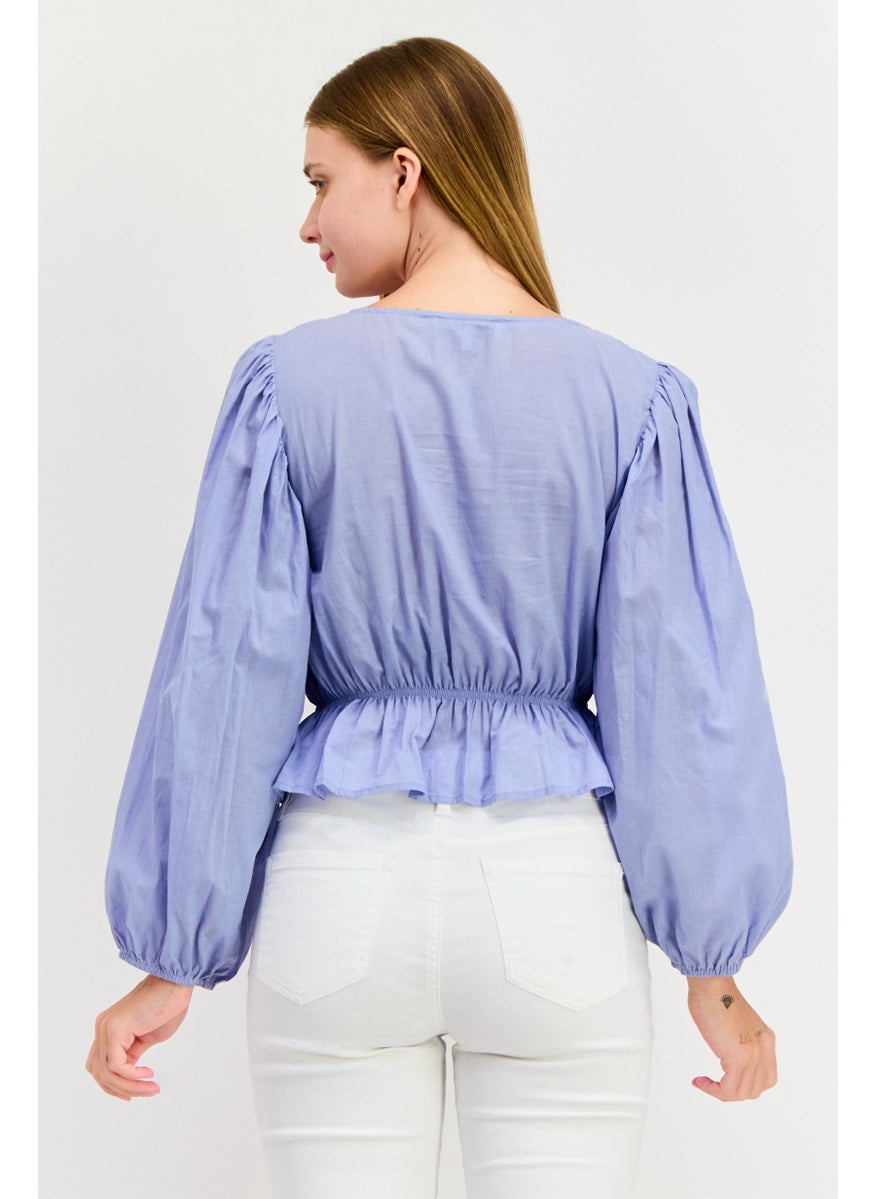 Women Square Neck Puff Sleeve Shirred Blouse, Blue