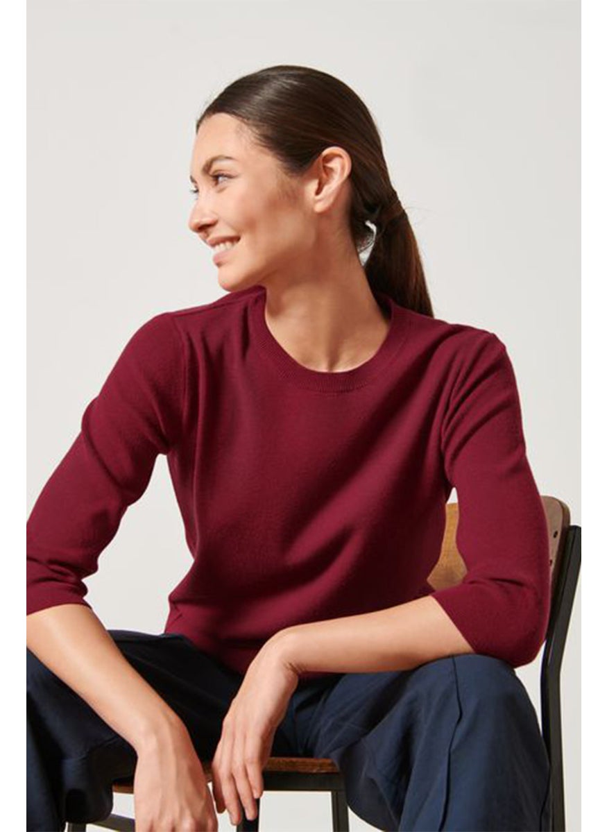 Women Crew Neck Elbow Sleeve Knitted Blouse, Red