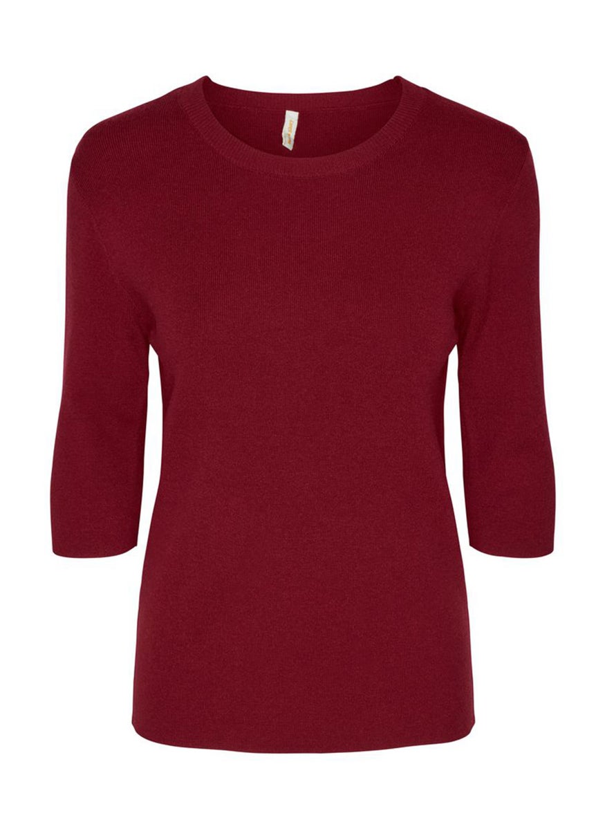 Women Crew Neck Elbow Sleeve Knitted Blouse, Red