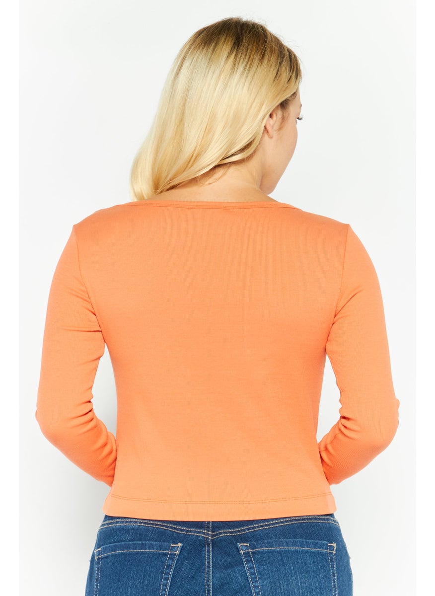 Women Round Neck Long Sleeve Brand Logo Top, Dark Orange
