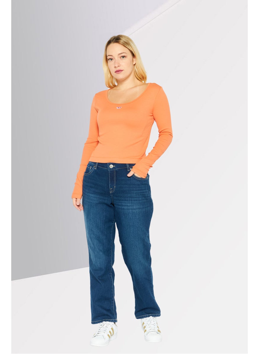 Women Round Neck Long Sleeve Brand Logo Top, Dark Orange