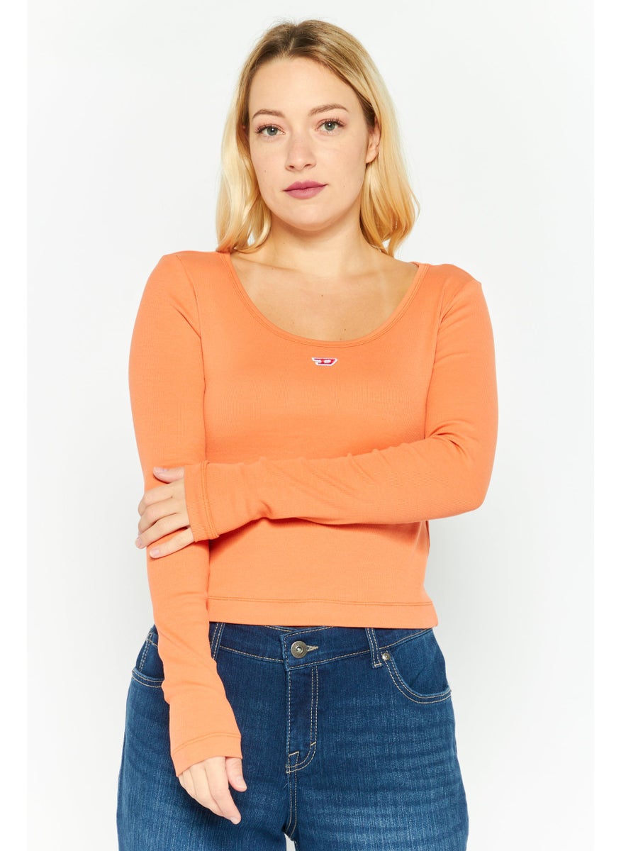 Women Round Neck Long Sleeve Brand Logo Top, Dark Orange