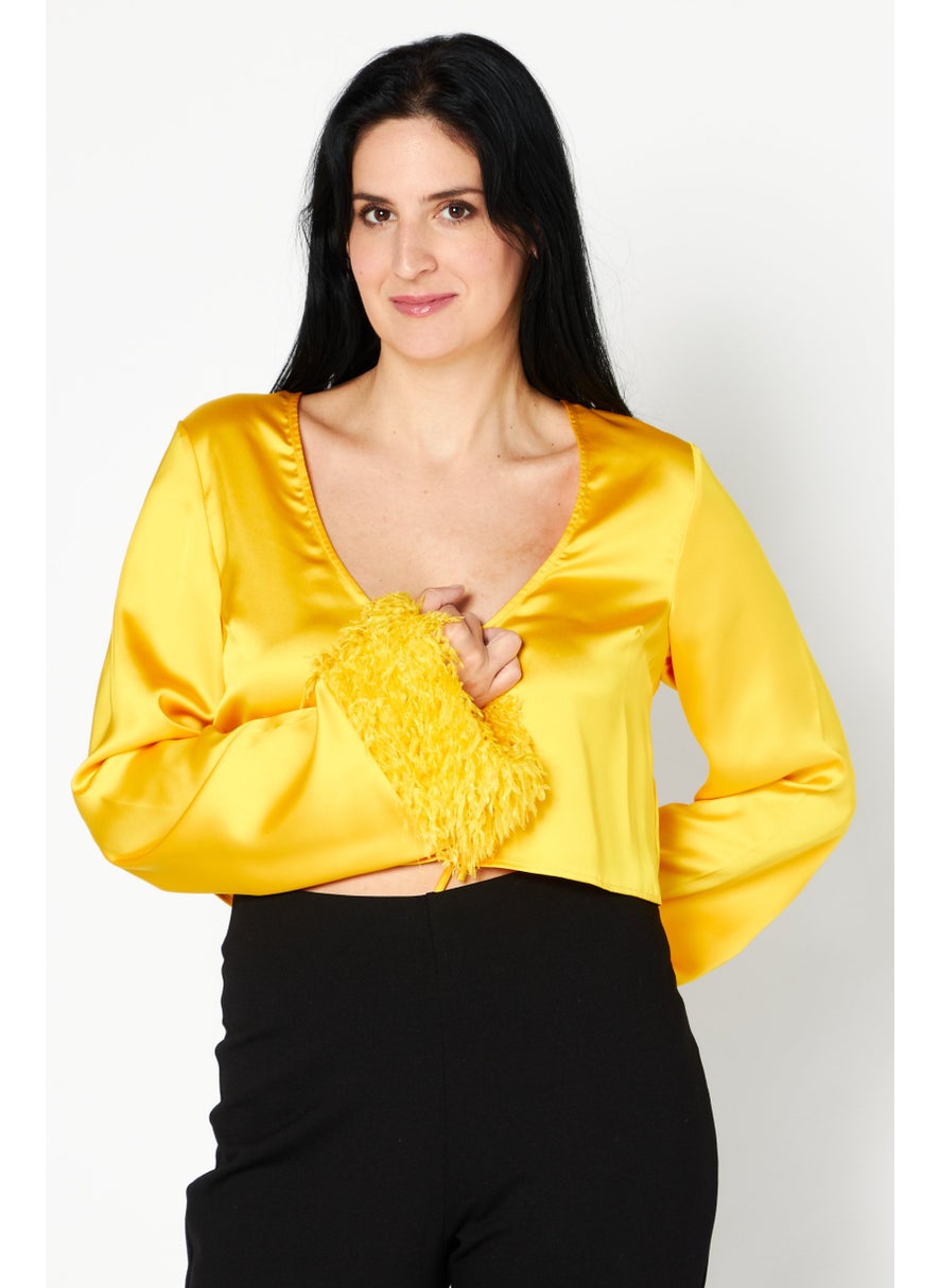 Women Tie Neck Long Sleeve Faux Feather Satin Top, Yellow
