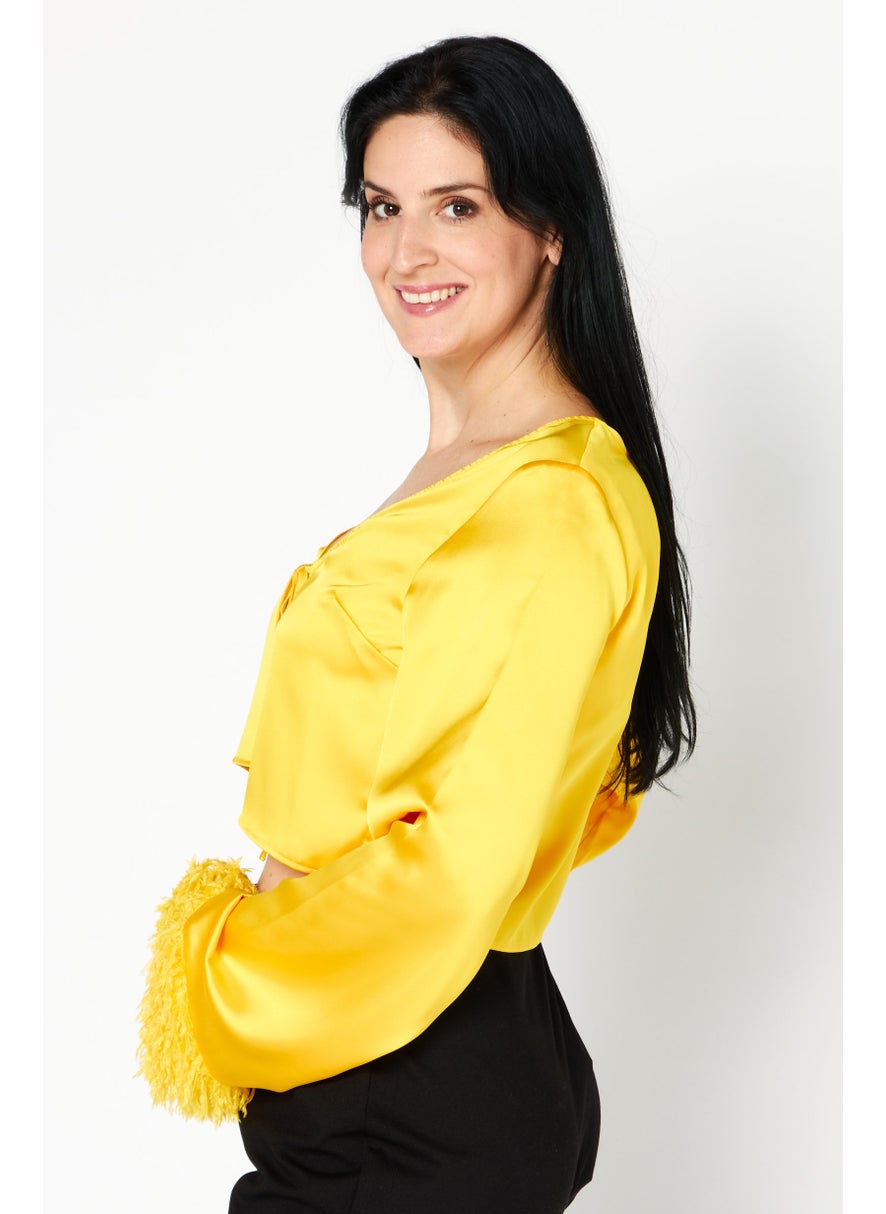 Women Tie Neck Long Sleeve Faux Feather Satin Top, Yellow