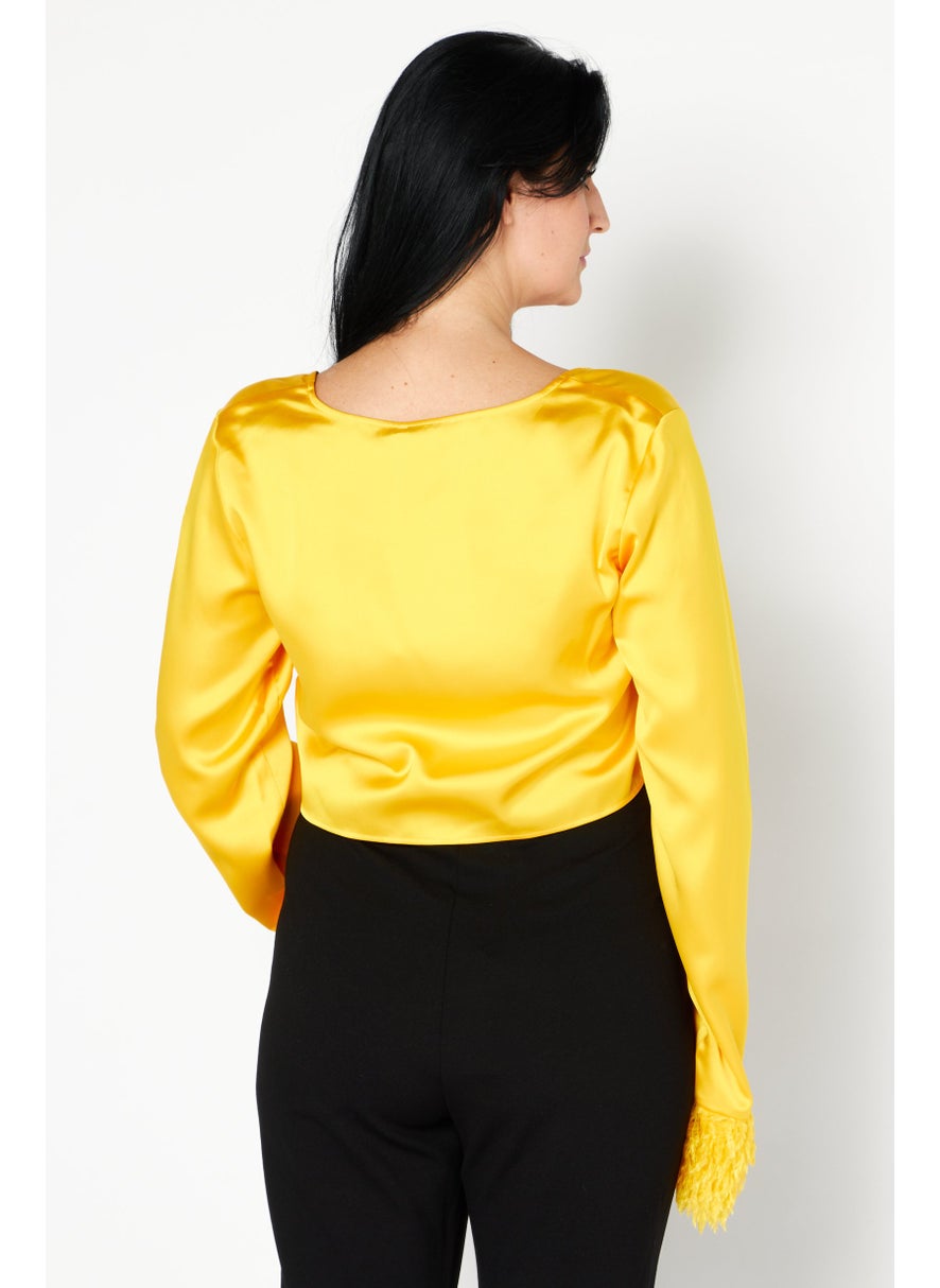 Women Tie Neck Long Sleeve Faux Feather Satin Top, Yellow