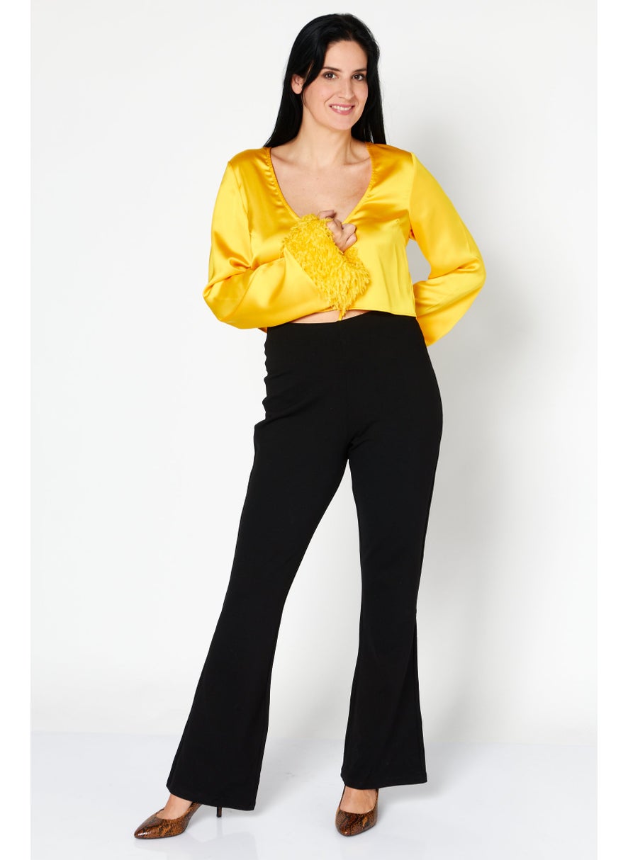 Women Tie Neck Long Sleeve Faux Feather Satin Top, Yellow