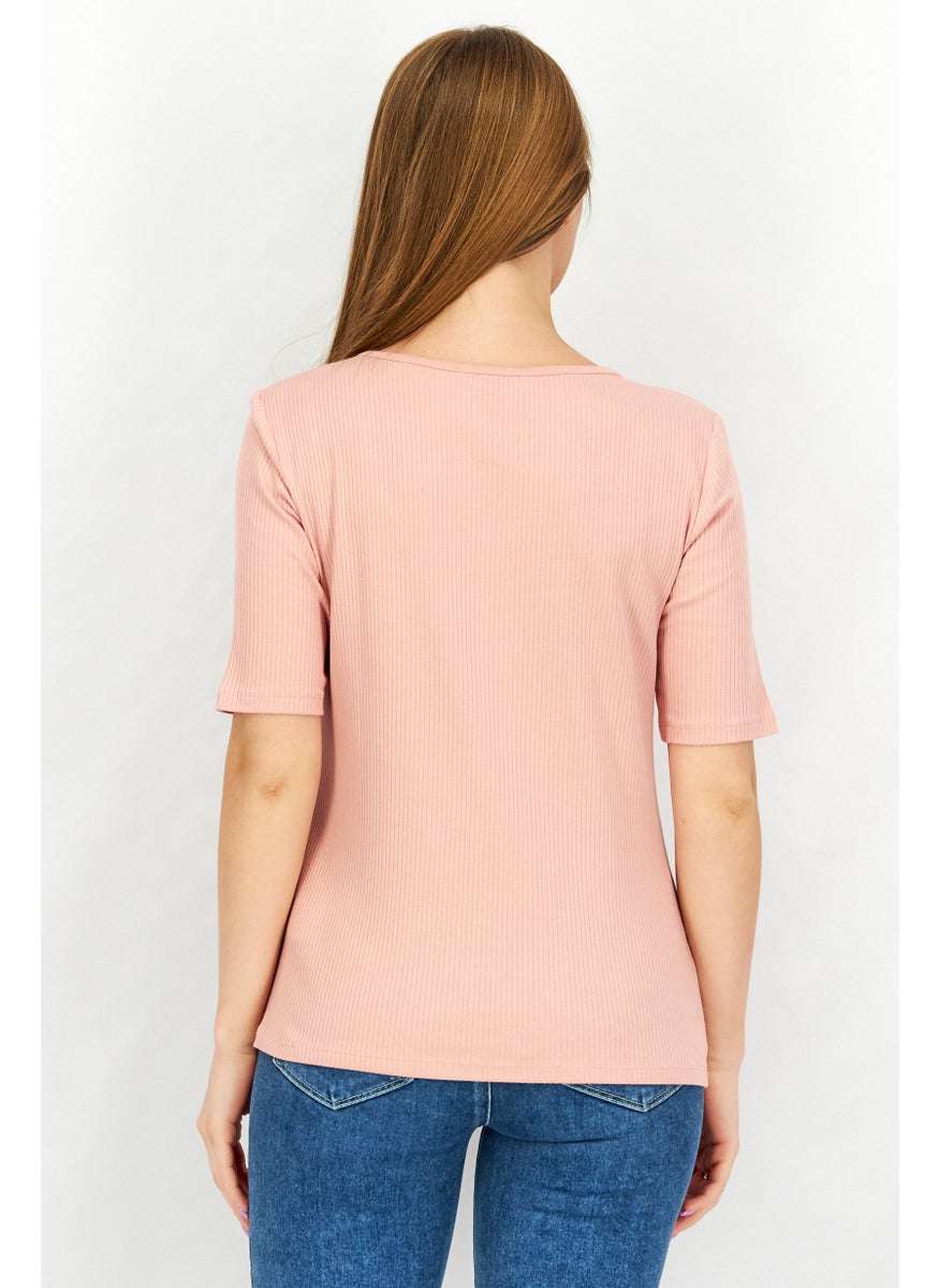 Women U Neck Short Sleeves Textured Top, Pink