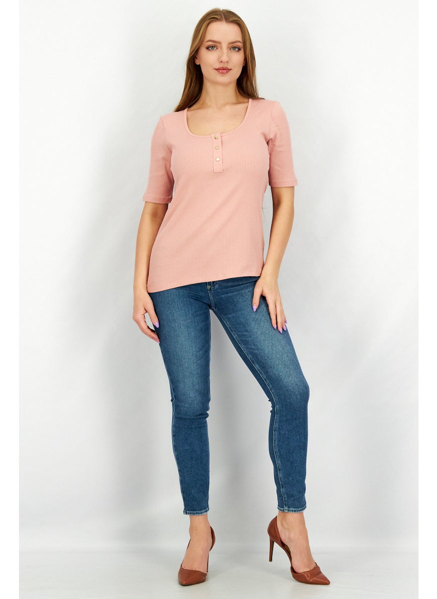 Women U Neck Short Sleeves Textured Top, Pink