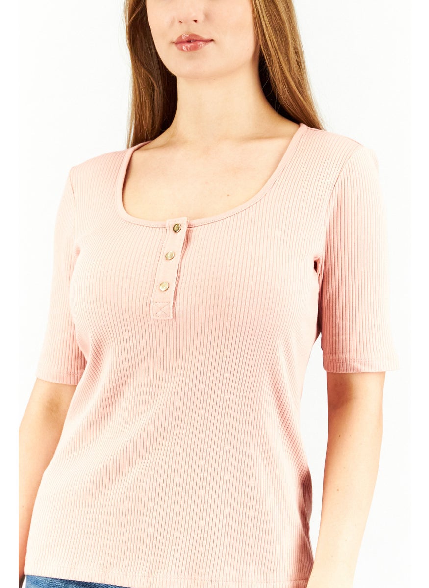 Women U Neck Short Sleeves Textured Top, Pink