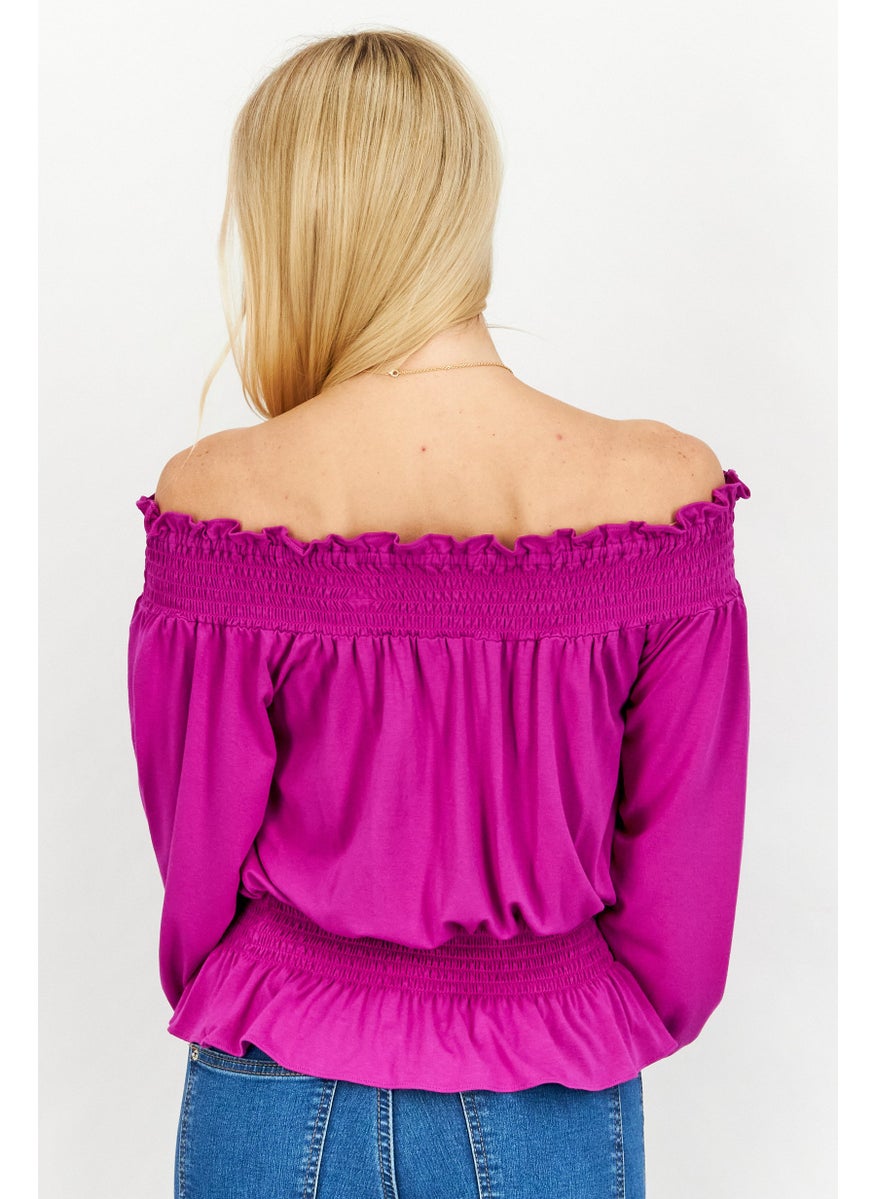 Women Off Shoulder Long Sleeve Plain Top,  Magenta