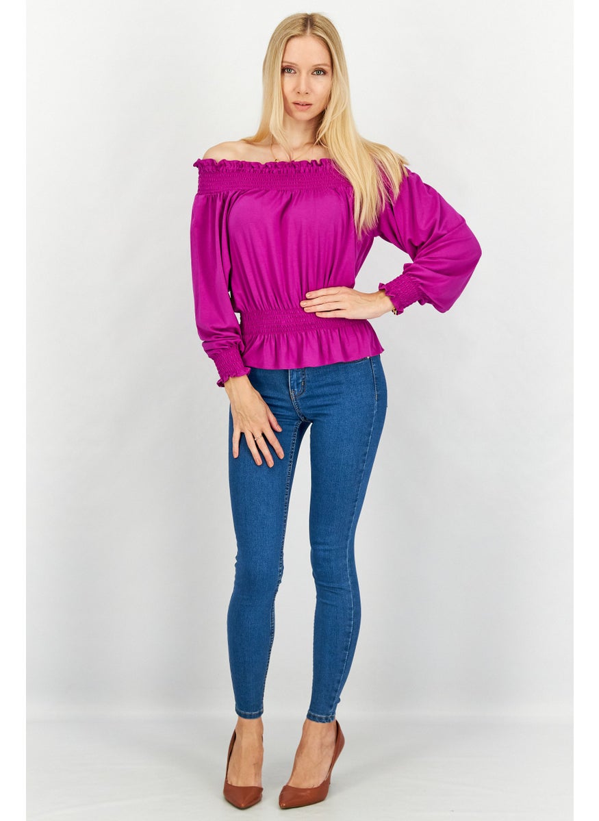 Women Off Shoulder Long Sleeve Plain Top,  Magenta