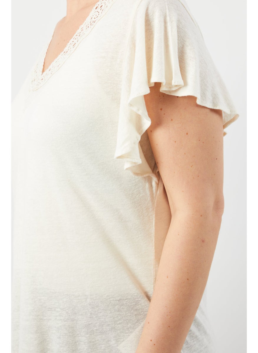 Women V-Neck Short Sleeve Textured Top, Beige