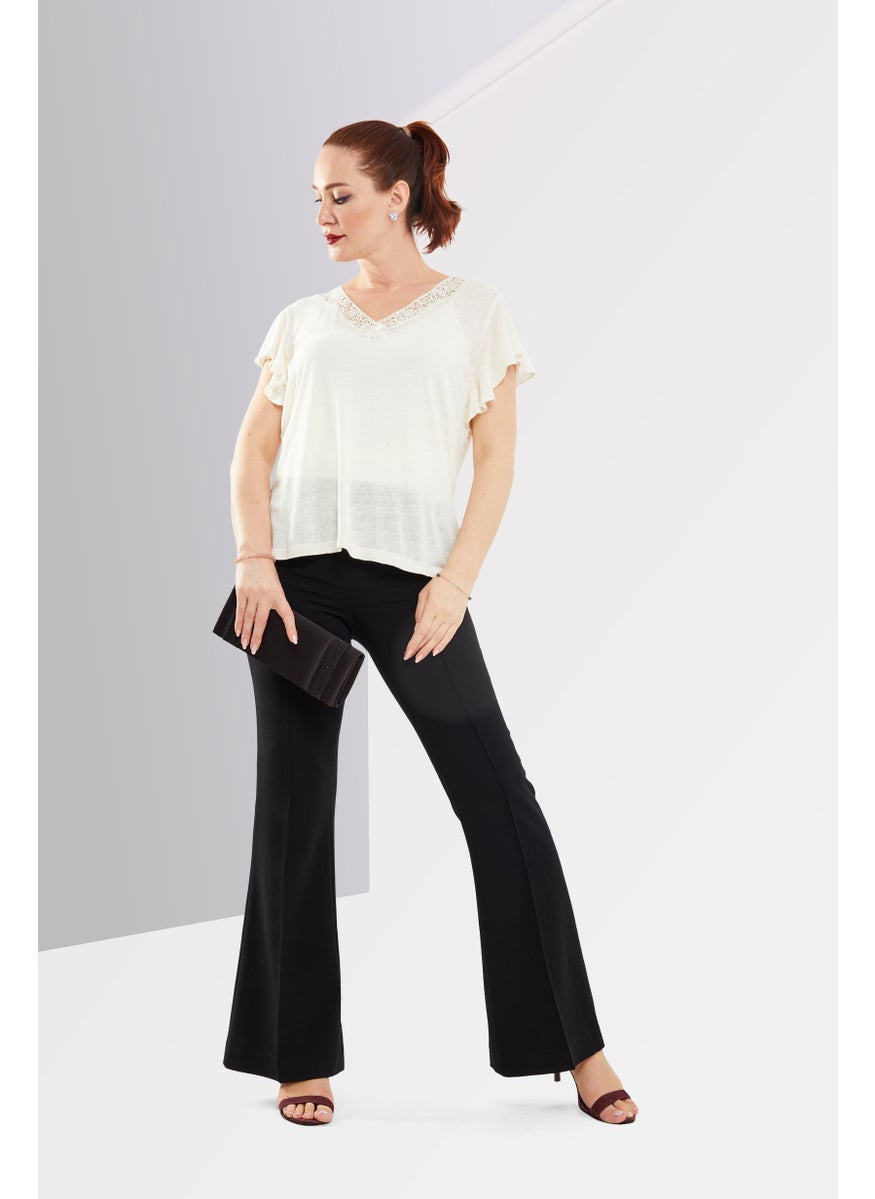 Women V-Neck Short Sleeve Textured Top, Beige