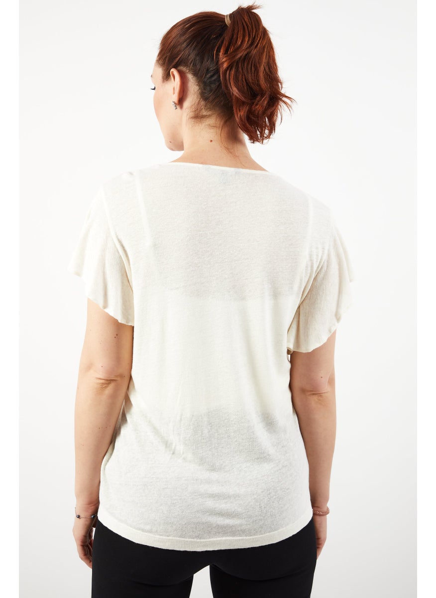 Women V-Neck Short Sleeve Textured Top, Beige