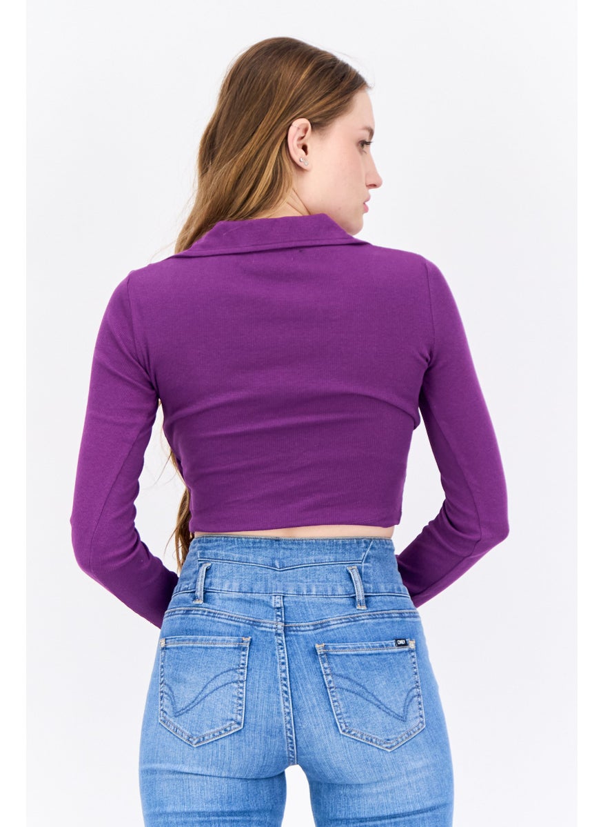 Women Surplice Neck Long Sleeves Textured Crop Top, Purple