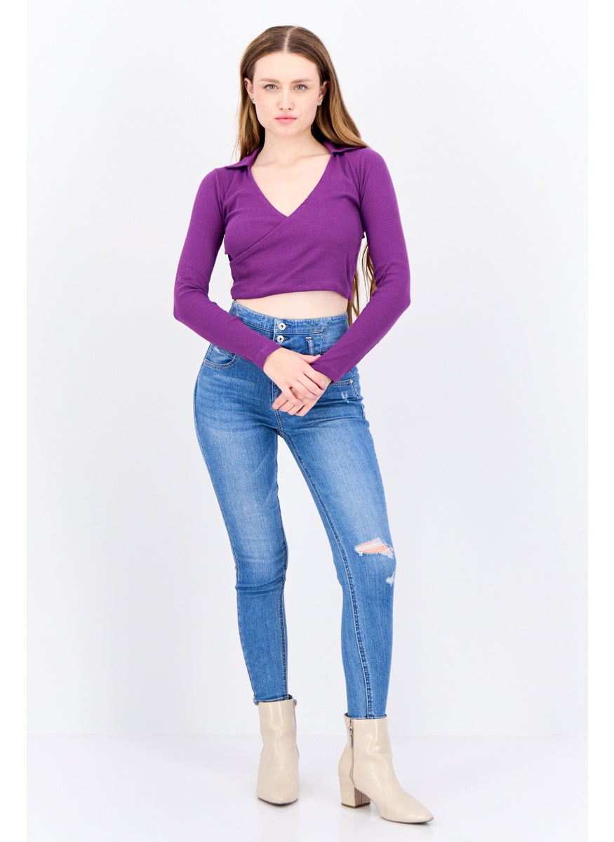 Women Surplice Neck Long Sleeves Textured Crop Top, Purple