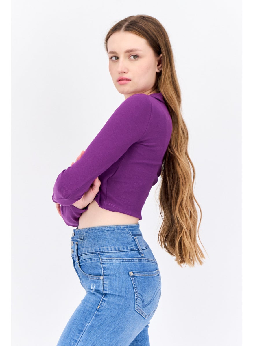 Women Surplice Neck Long Sleeves Textured Crop Top, Purple