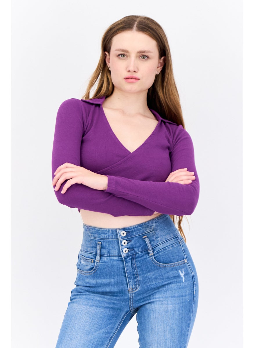 Women Surplice Neck Long Sleeves Textured Crop Top, Purple