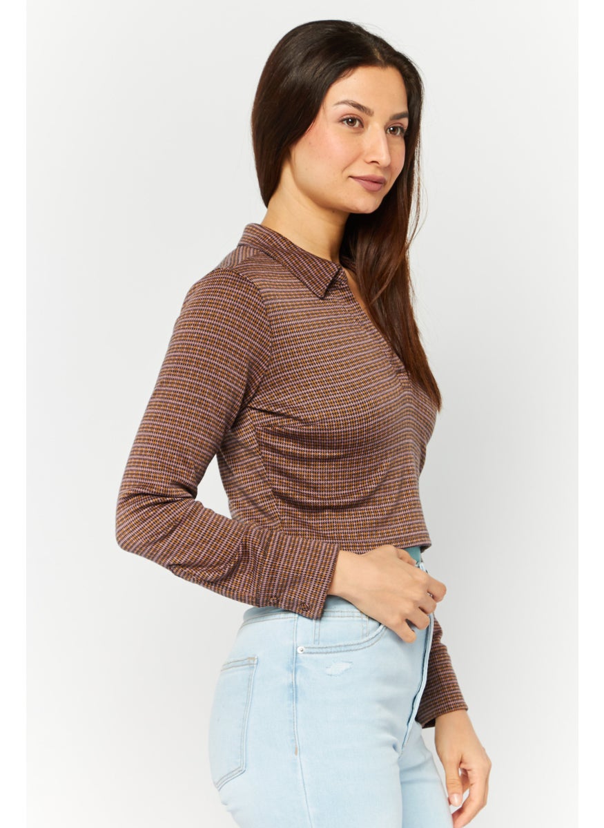 Women Spread Collar Long Sleeve Jacquard Printed Crop Top, Brown