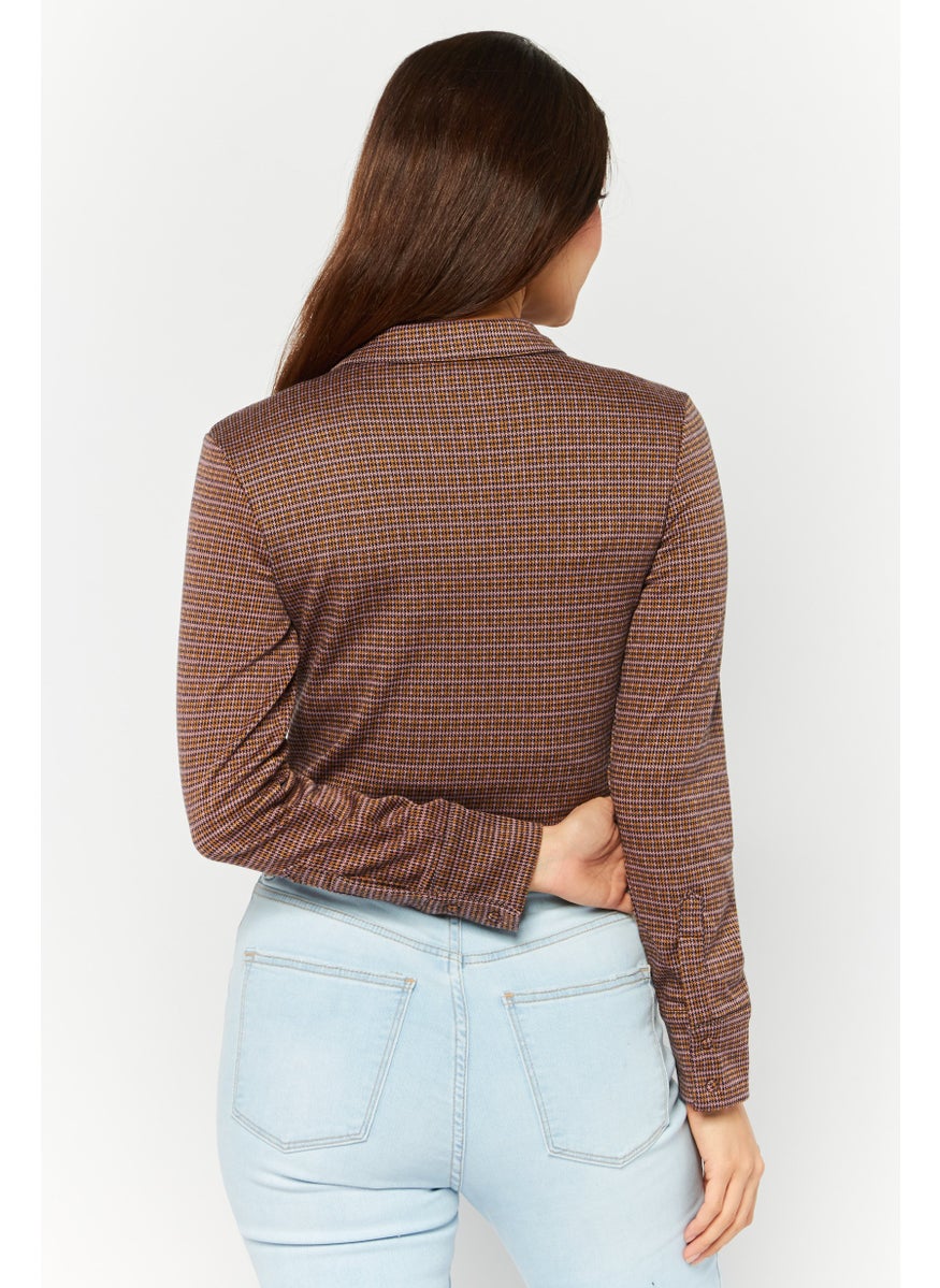 Women Spread Collar Long Sleeve Jacquard Printed Crop Top, Brown