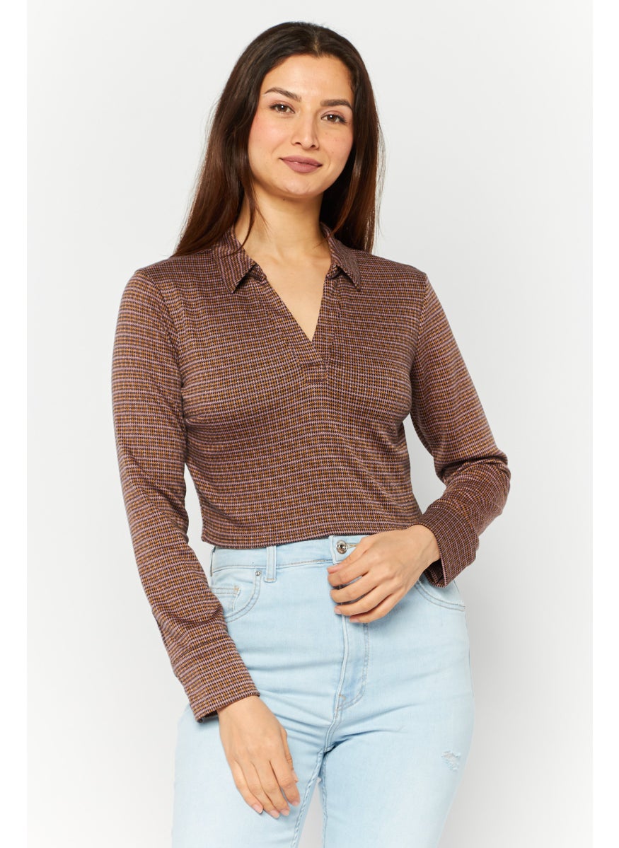 Women Spread Collar Long Sleeve Jacquard Printed Crop Top, Brown