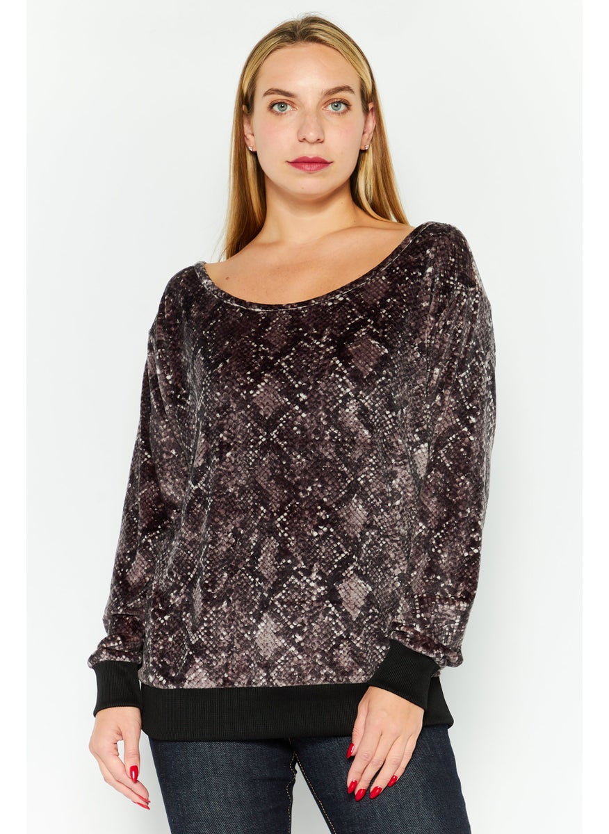Women Scoop Neck Long Sleeve Snake Print Blouse, Black Combo