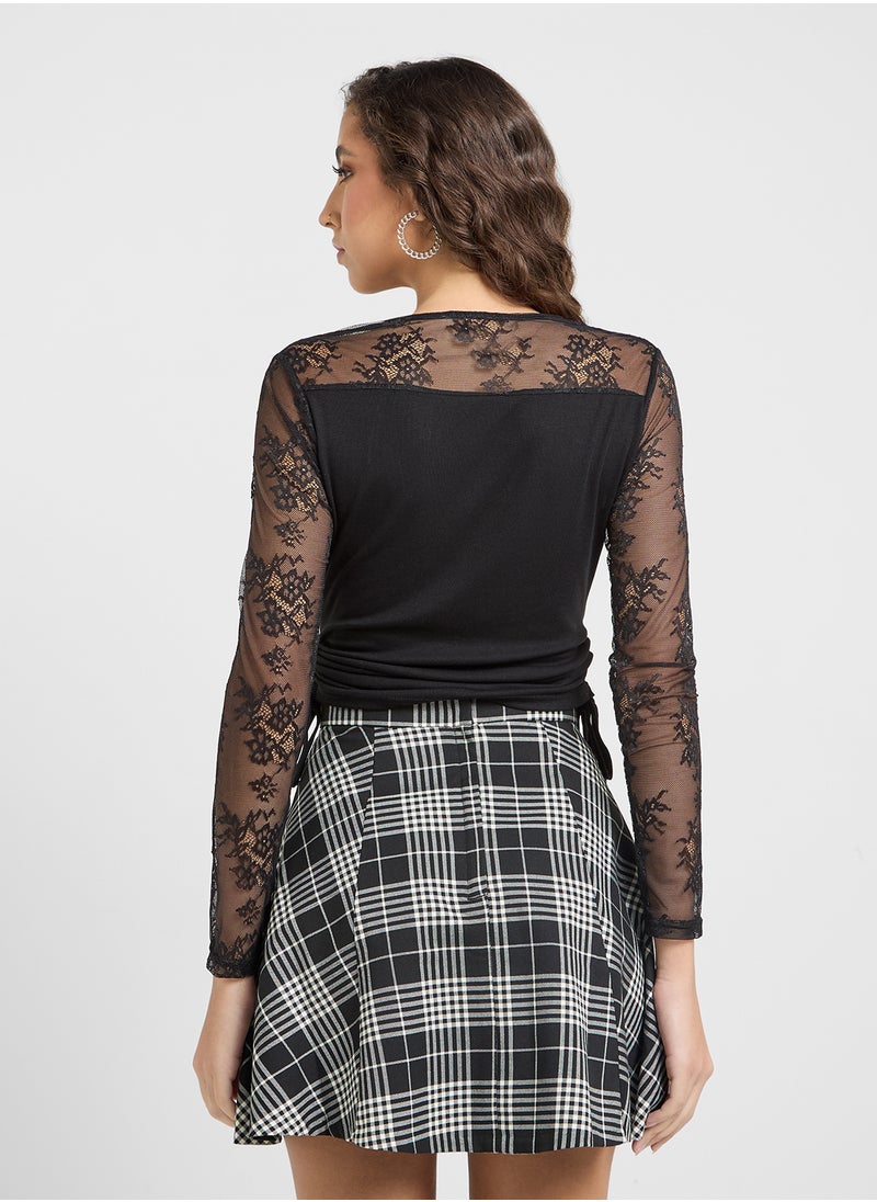 Lace Sleeve Square Neck Ruched Top