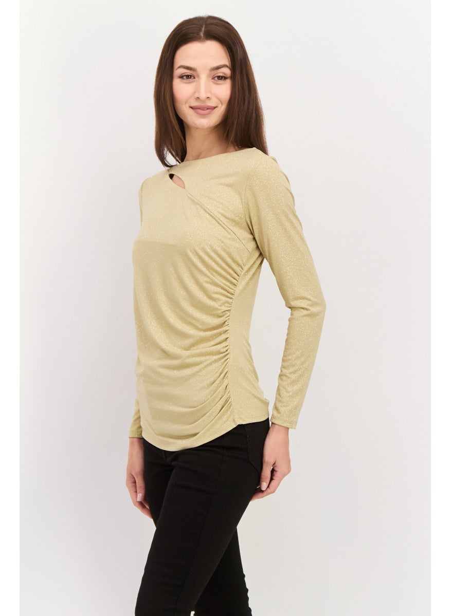 Women Round Neck Long Sleeve Textured Top, Gold