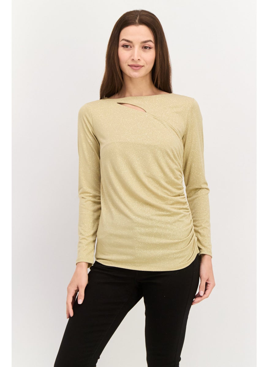 Women Round Neck Long Sleeve Textured Top, Gold