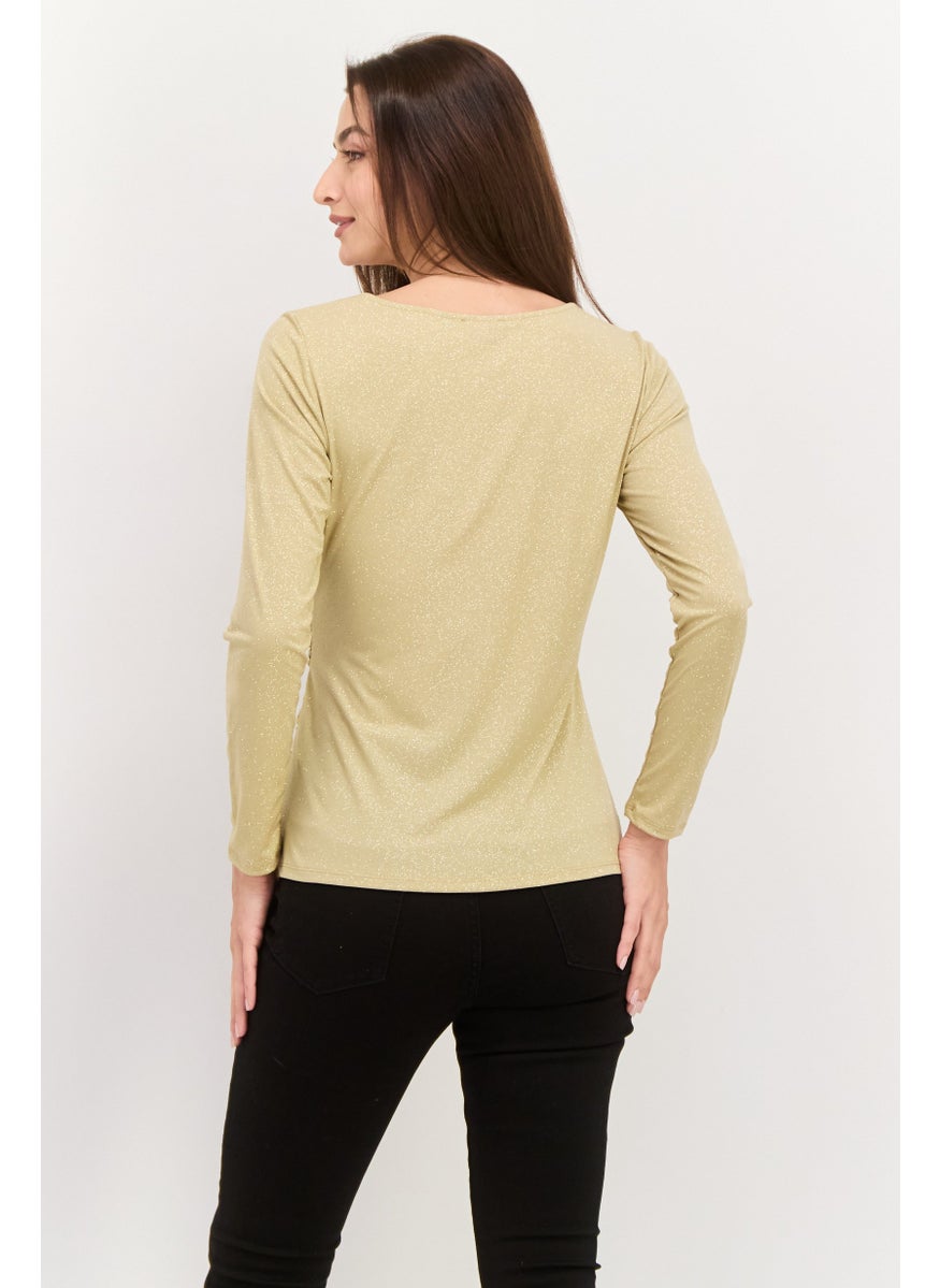 Women Round Neck Long Sleeve Textured Top, Gold
