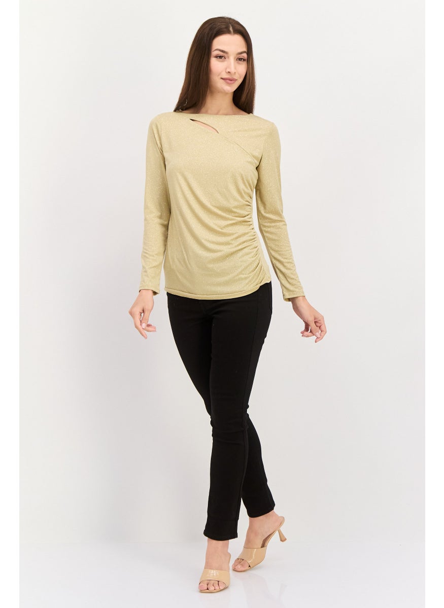 Women Round Neck Long Sleeve Textured Top, Gold