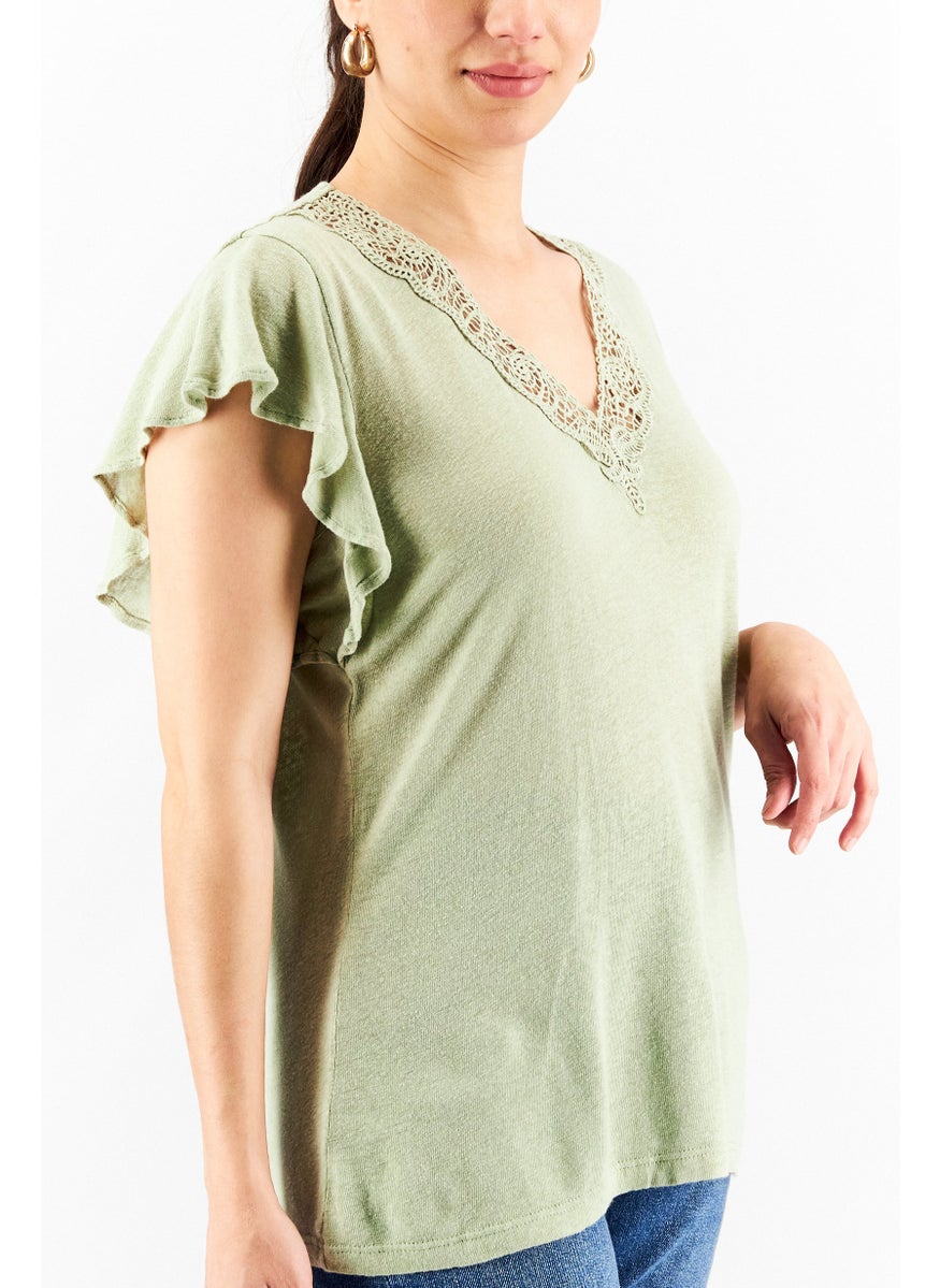 Women Petite V Neck Ruffle Sleeve Textured Tops, Sage Green