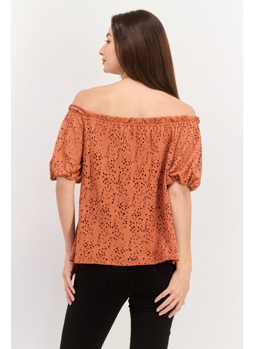 Women Off Shoulder Puffed Sleeves Textured Top, Brown