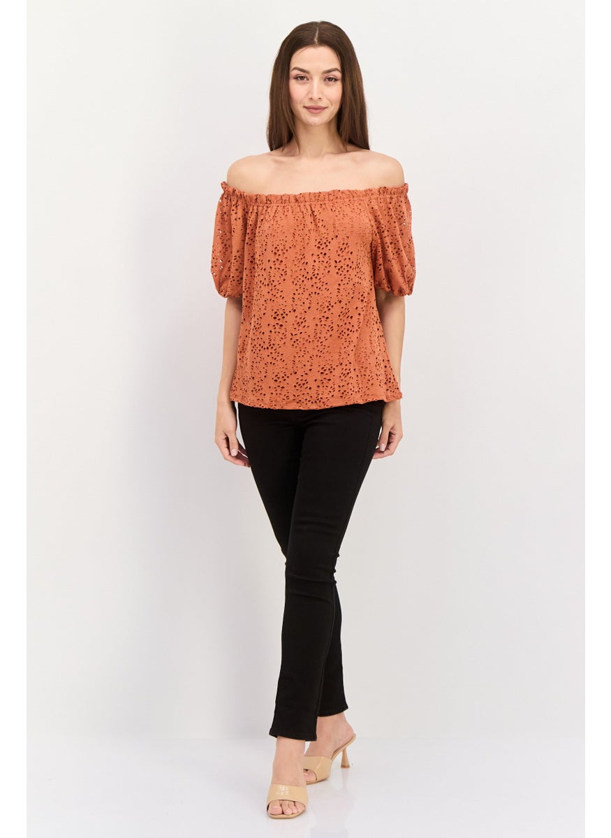 Women Off Shoulder Puffed Sleeves Textured Top, Brown
