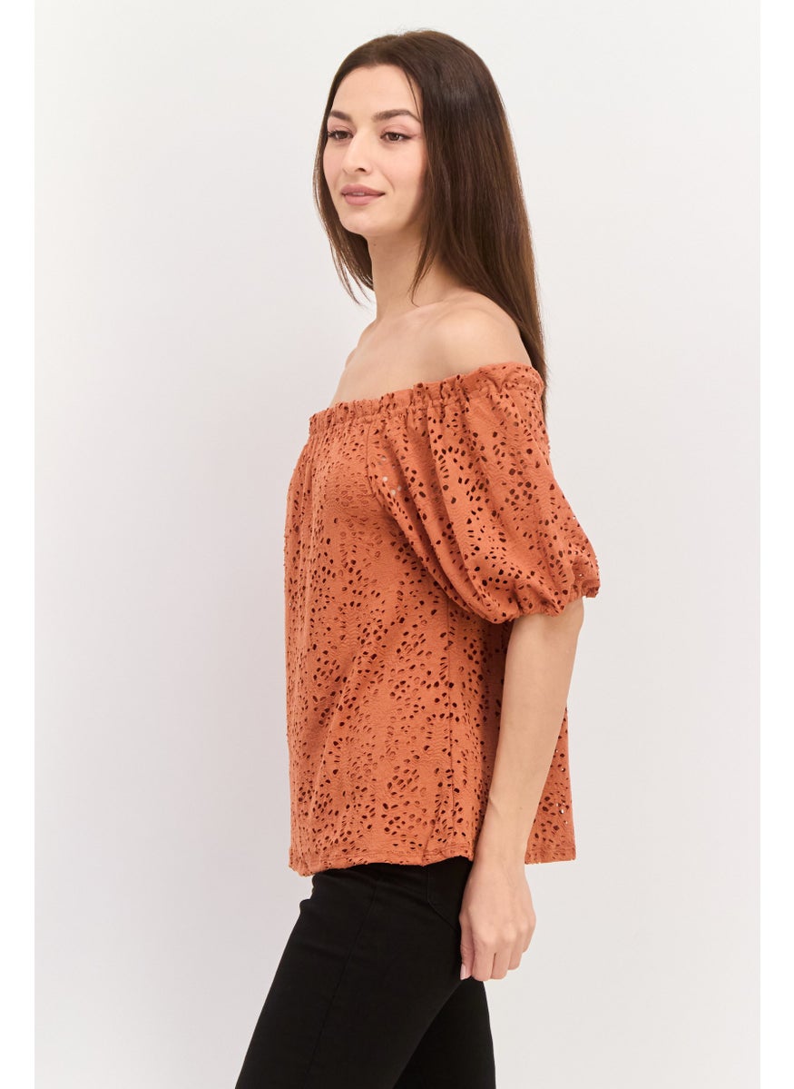 Women Off Shoulder Puffed Sleeves Textured Top, Brown