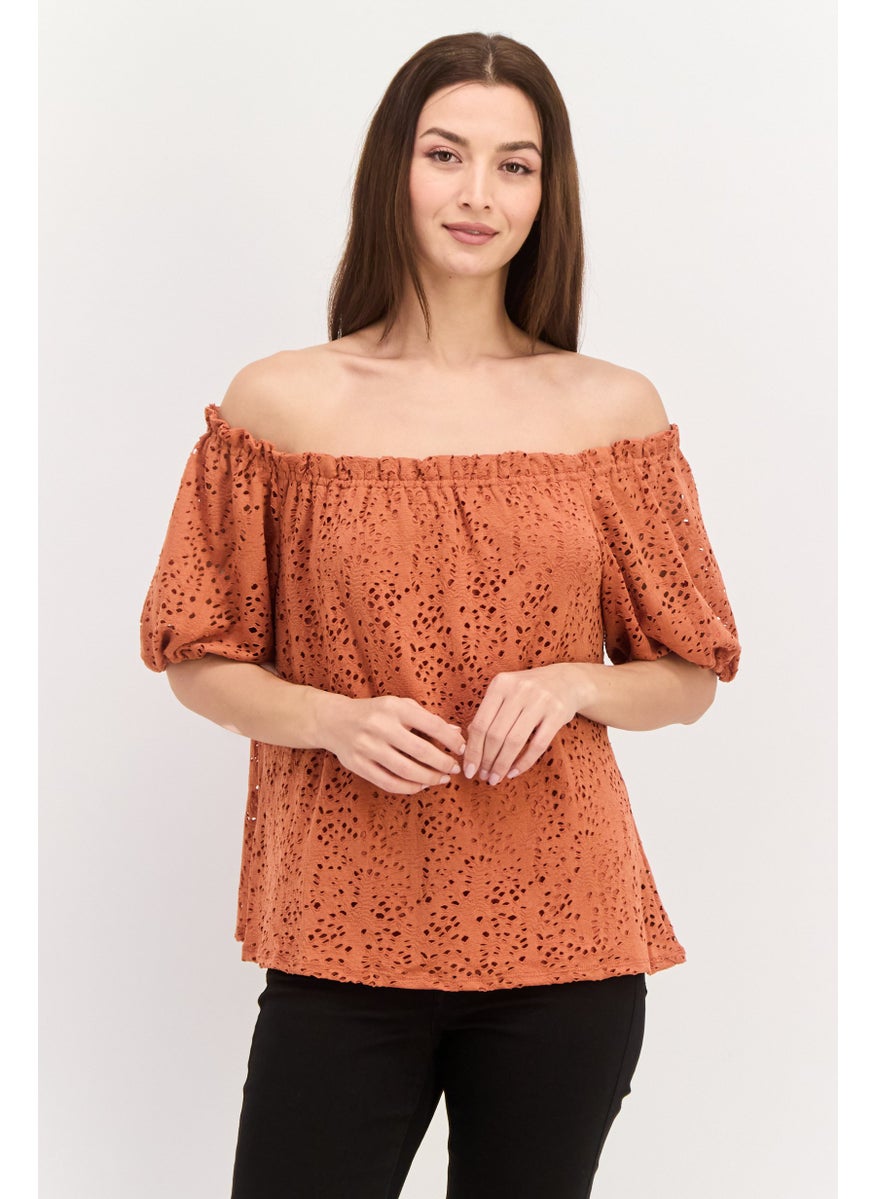 Women Off Shoulder Puffed Sleeves Textured Top, Brown