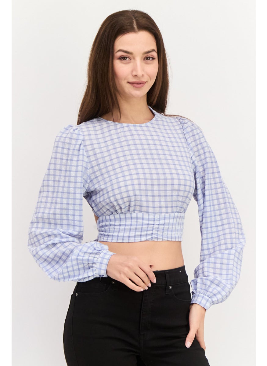 Women Crew Neck Long Sleeve Checkered Blouse, Blue