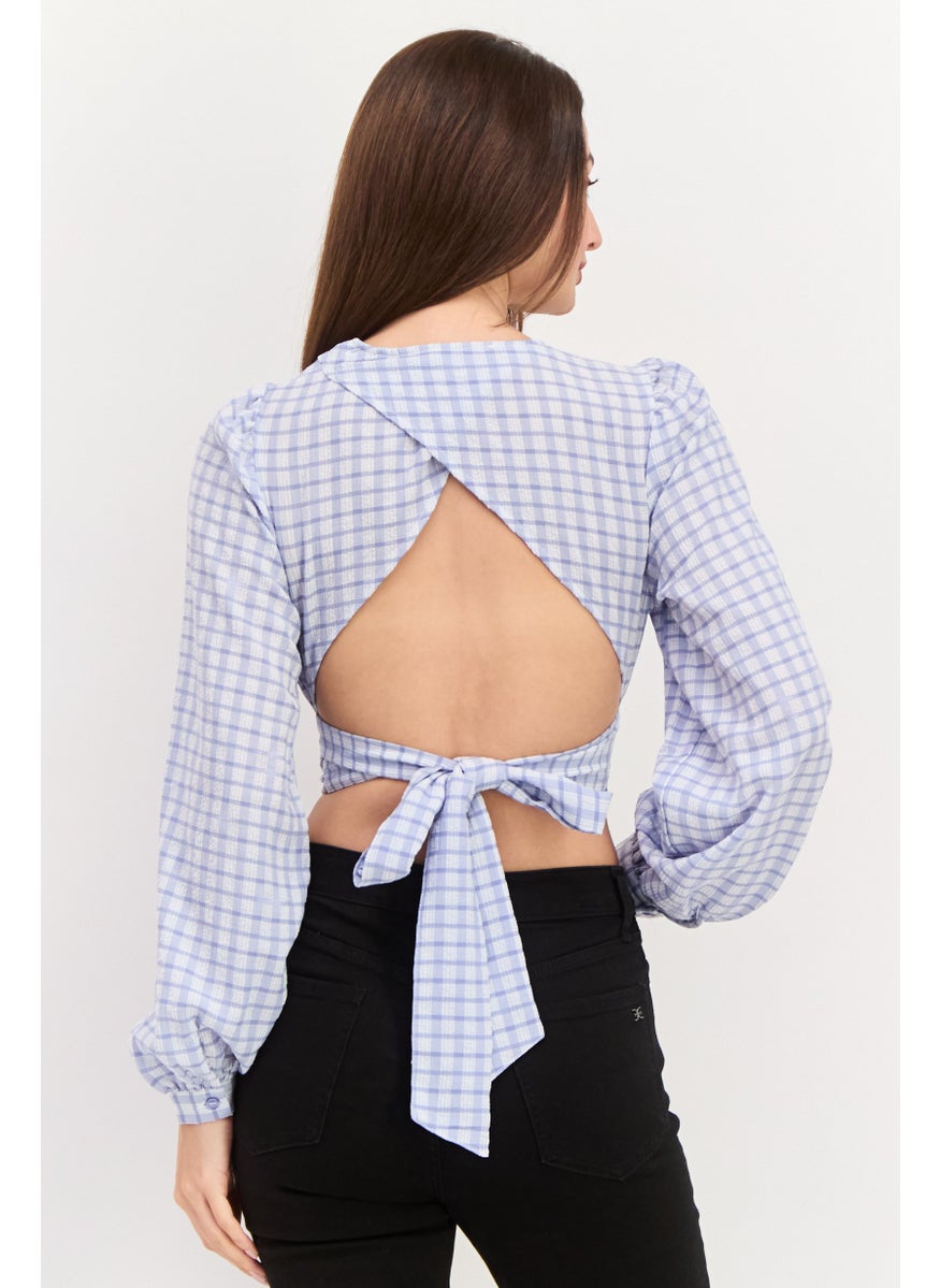 Women Crew Neck Long Sleeve Checkered Blouse, Blue