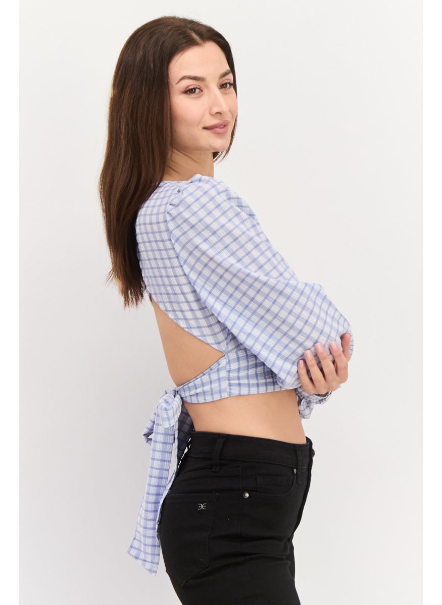 Women Crew Neck Long Sleeve Checkered Blouse, Blue