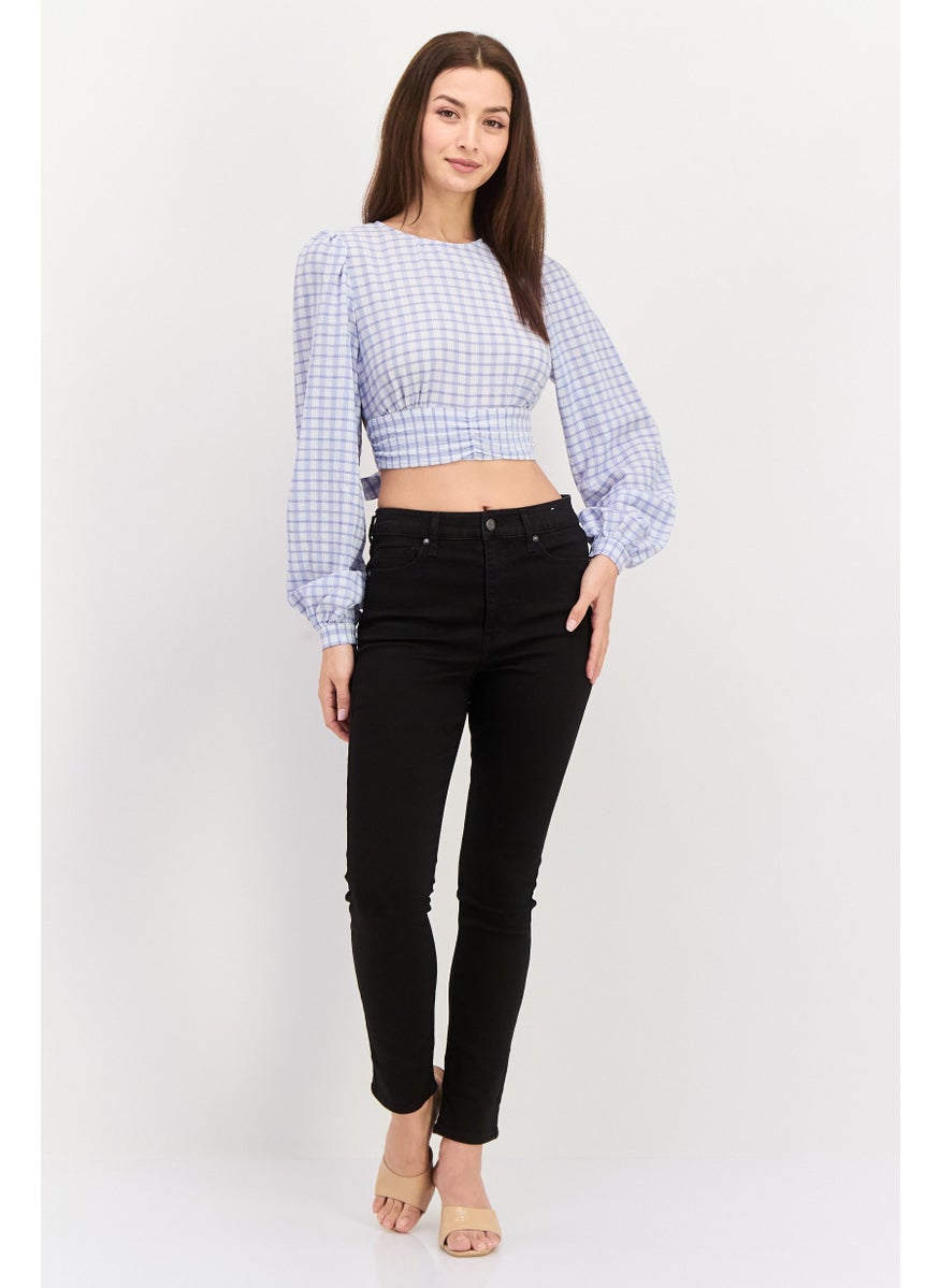Women Crew Neck Long Sleeve Checkered Blouse, Blue