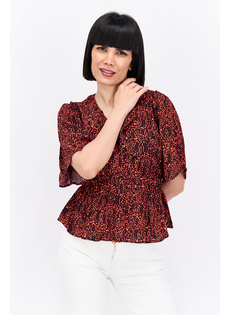 Women V-Neck Short Sleeve Floral Print Blouse, Red