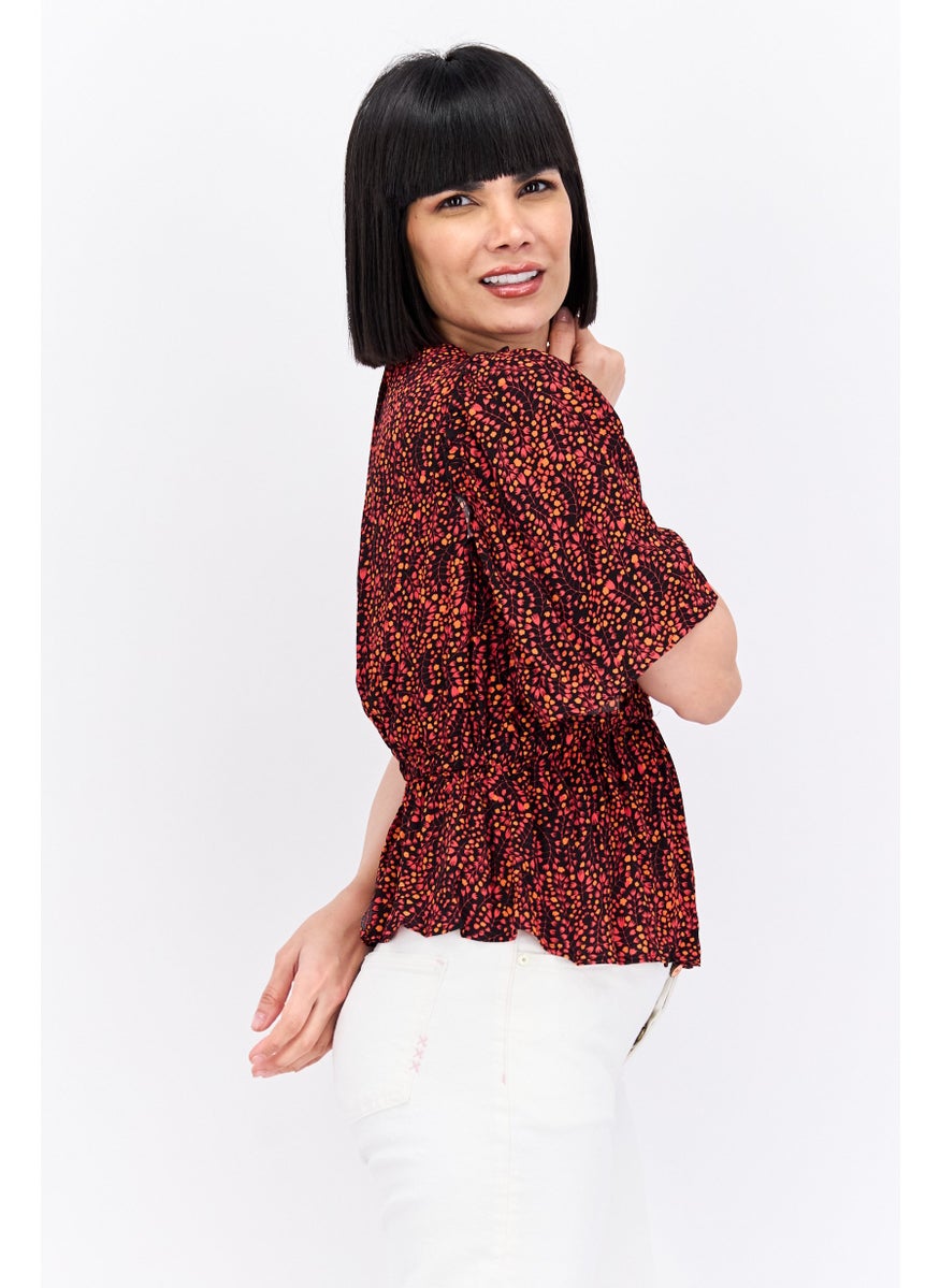 Women V-Neck Short Sleeve Floral Print Blouse, Red