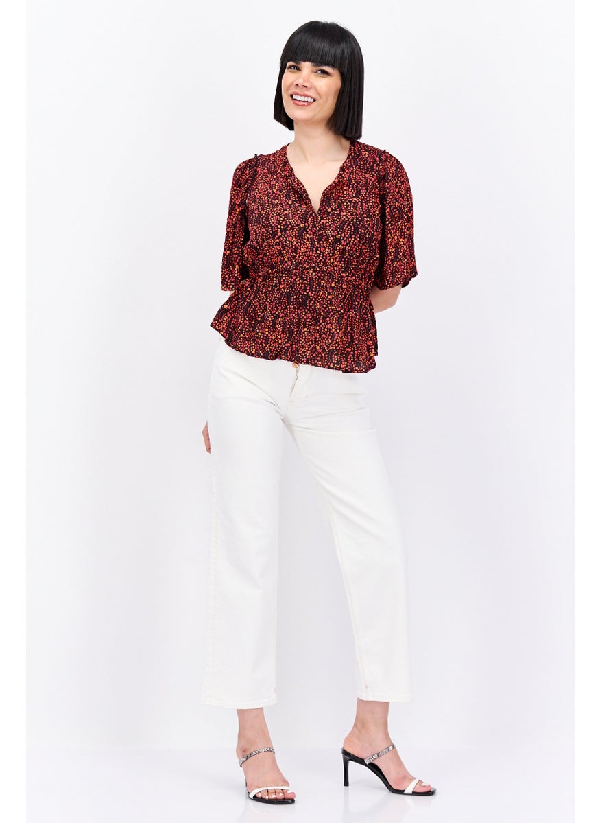 Women V-Neck Short Sleeve Floral Print Blouse, Red