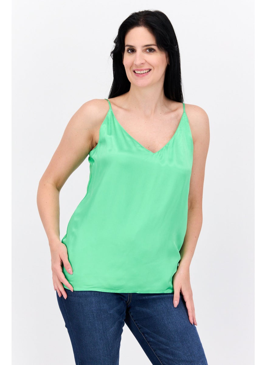 Women V Neck Sleeveless Plain Top, Green