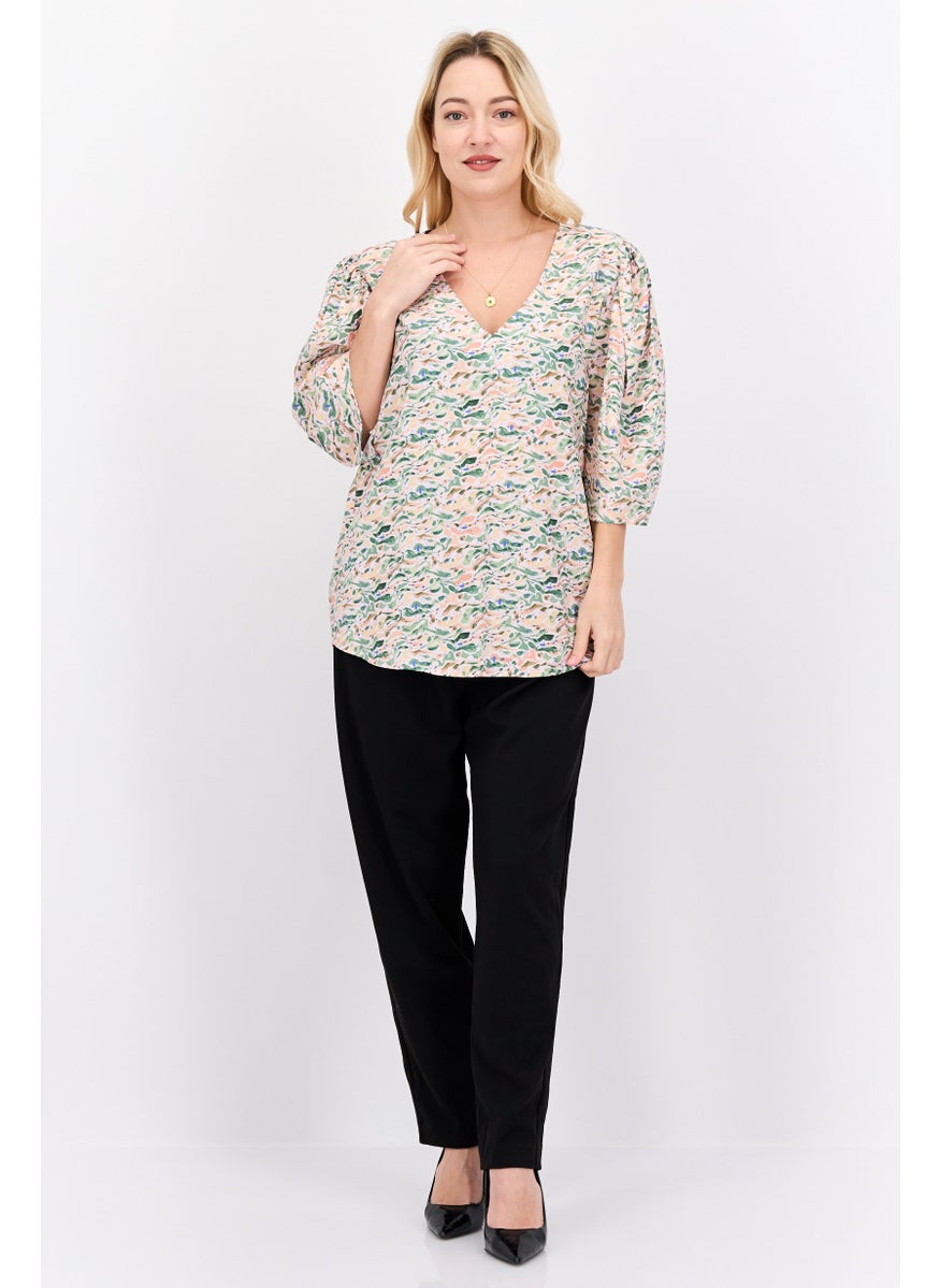 Women V Neck Short Sleeve Allover Print Tunic Top, Green Combo