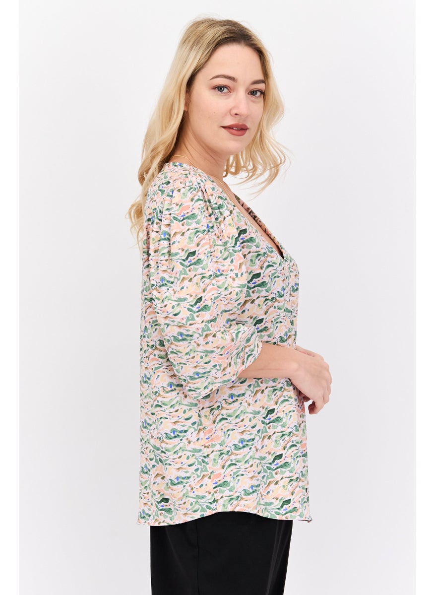Women V Neck Short Sleeve Allover Print Tunic Top, Green Combo